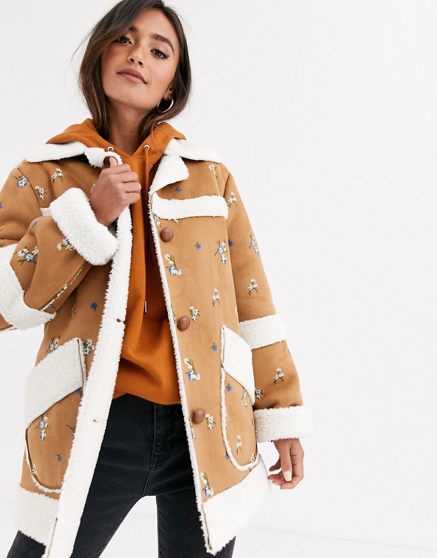 Asos Design Suedette Jacket With Floral Embroidery-tan