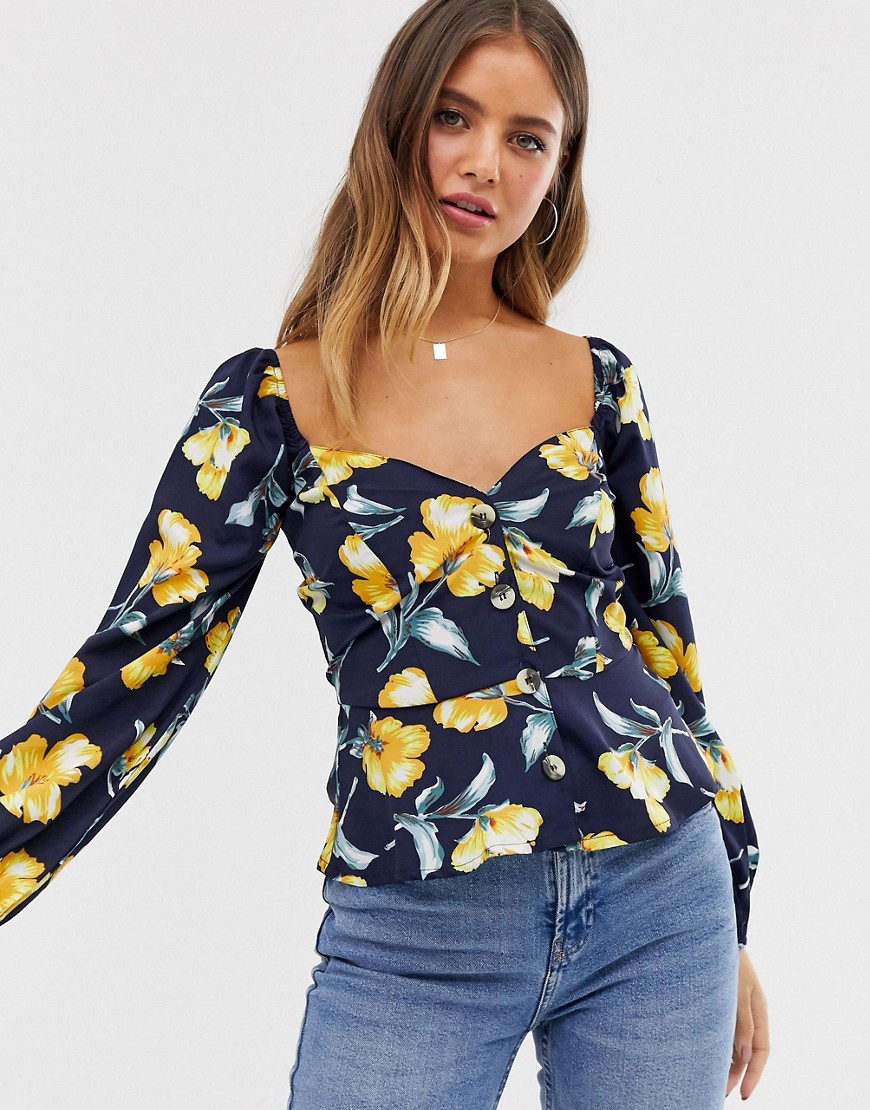 Influence button front blouse with sweetheart neckline in navy floral