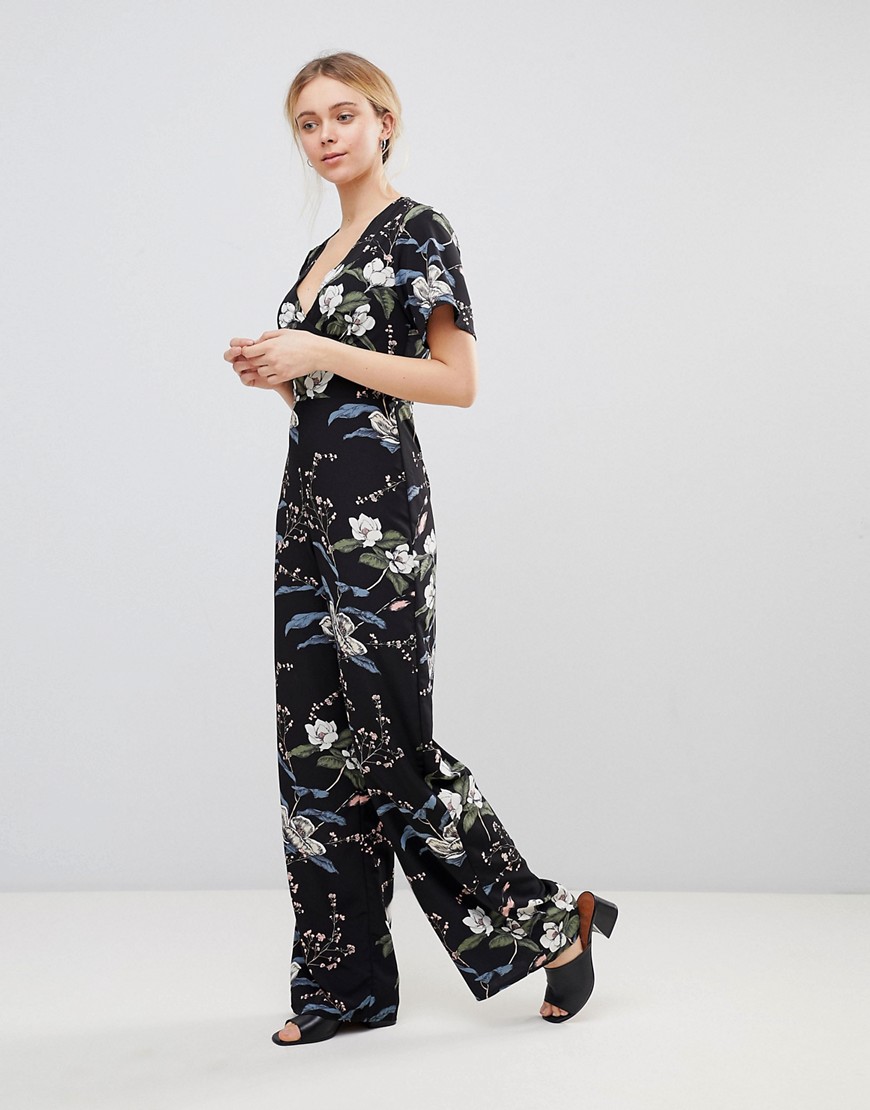 Girls on Film Floral Jumpsuit with Kimono Sleeves - Black floral print