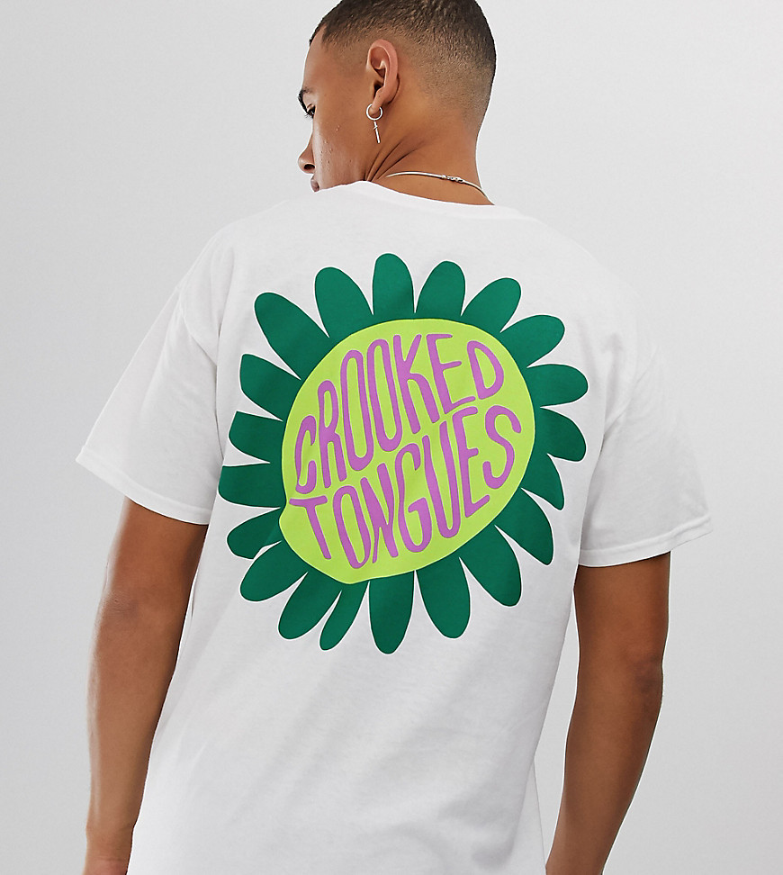Crooked Tongues oversized t-shirt in white with back flower print