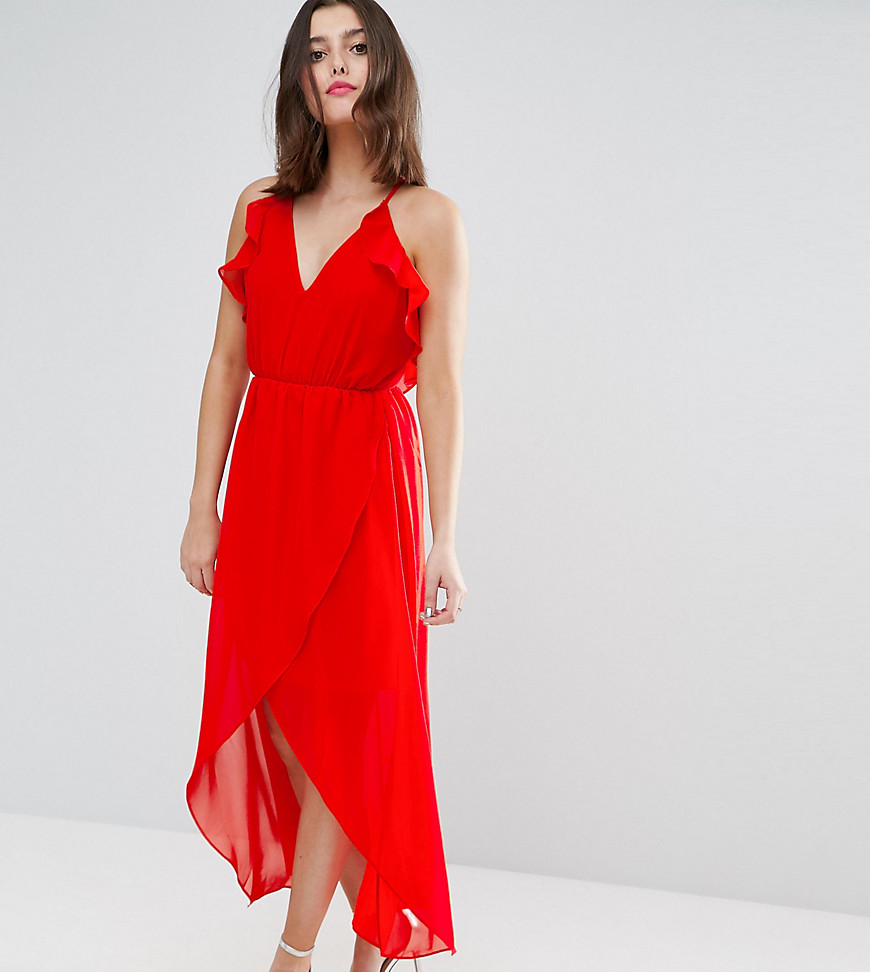TD By True Decadence Petite Frill Detail High Low Midi Dress With Strappy Back - Red