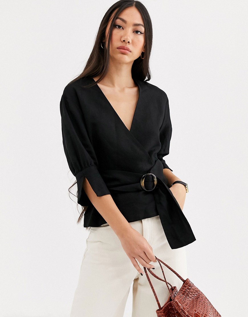 & Other Stories belted linen blend blouse in black
