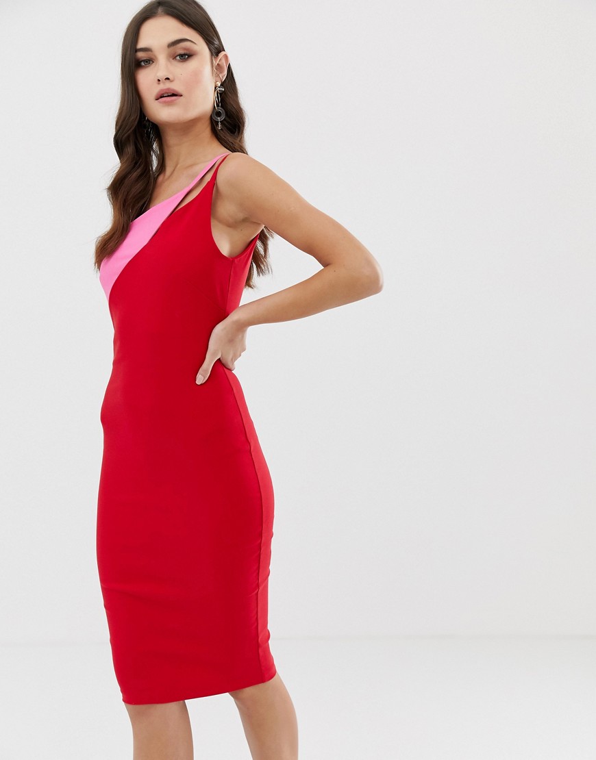 Vesper cut out shoulder midi pencil dress in contrast red and pink