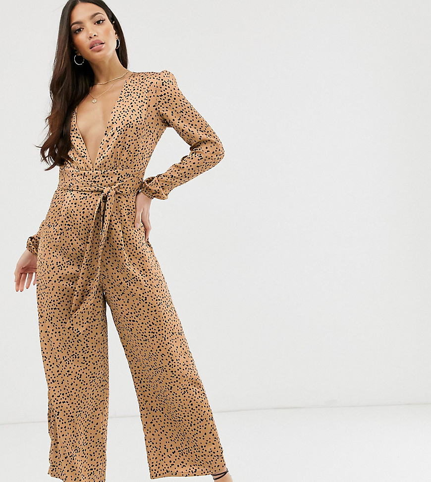 Glamorous Tall wide leg jumpsuit with tie front in spot satin