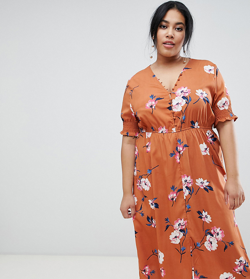 Influence Plus shirred sleeve floral midi dress with button down front