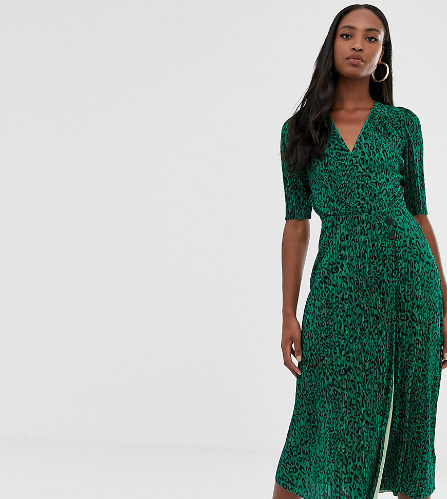 ASOS DESIGN Tall midi plisse dress in green animal print with button detail
