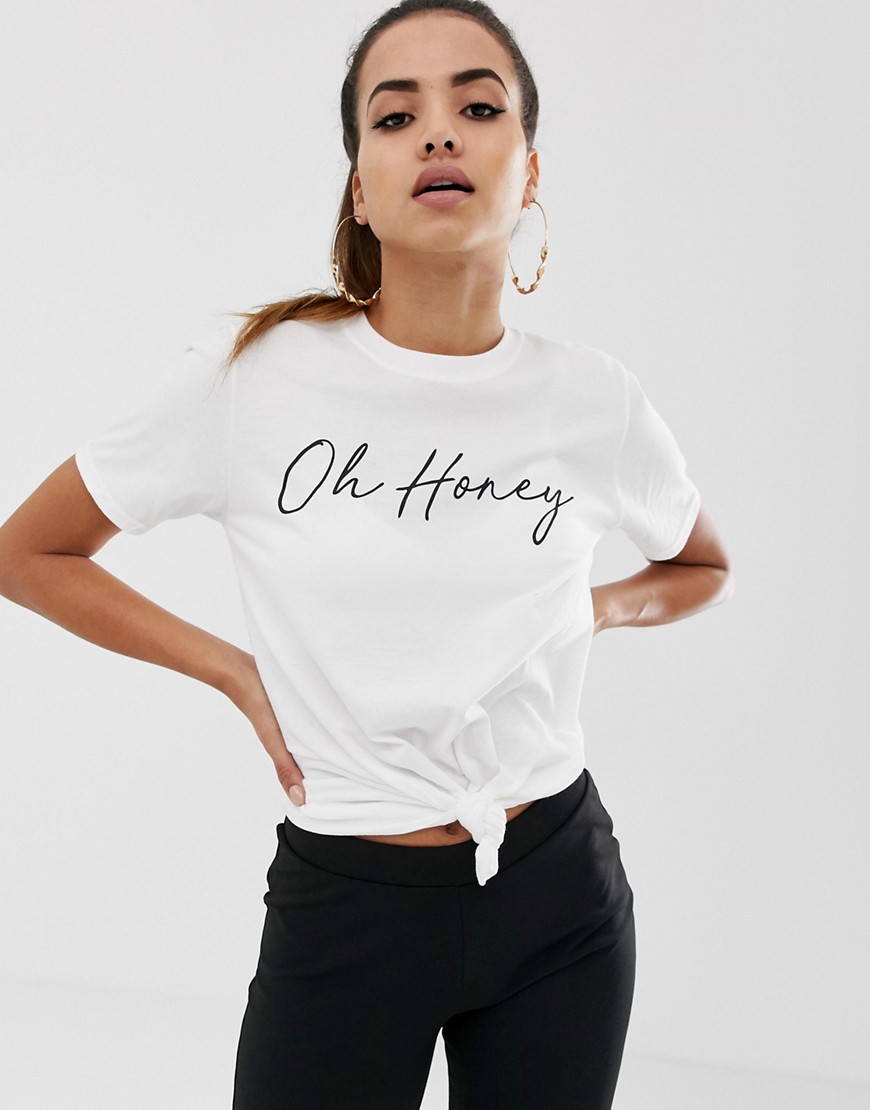 Missguided oh honey tie t-shirt in white