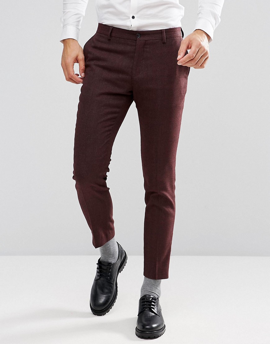Jack & Jones Premium Slim Suit Trousers In Herringbone Tweed - Burgundy