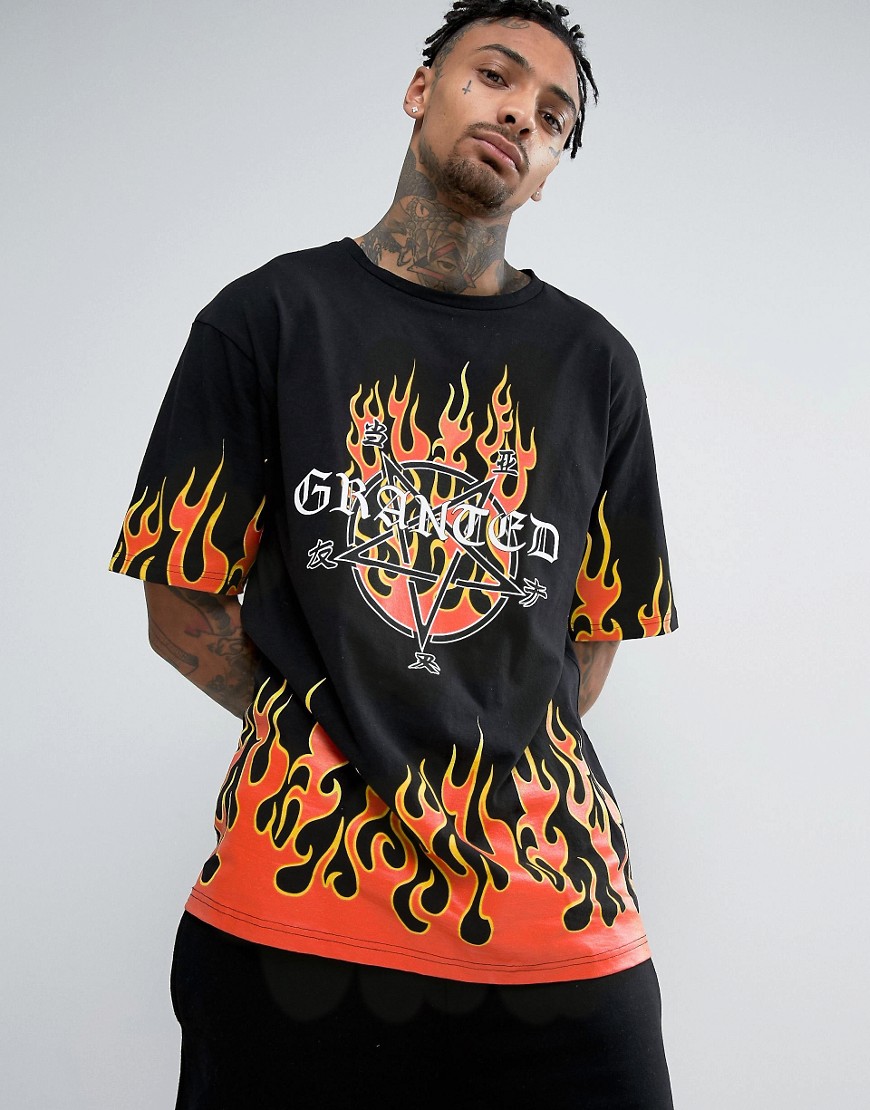 Черная oversize-футболка с принтом пламени Granted - Черный 