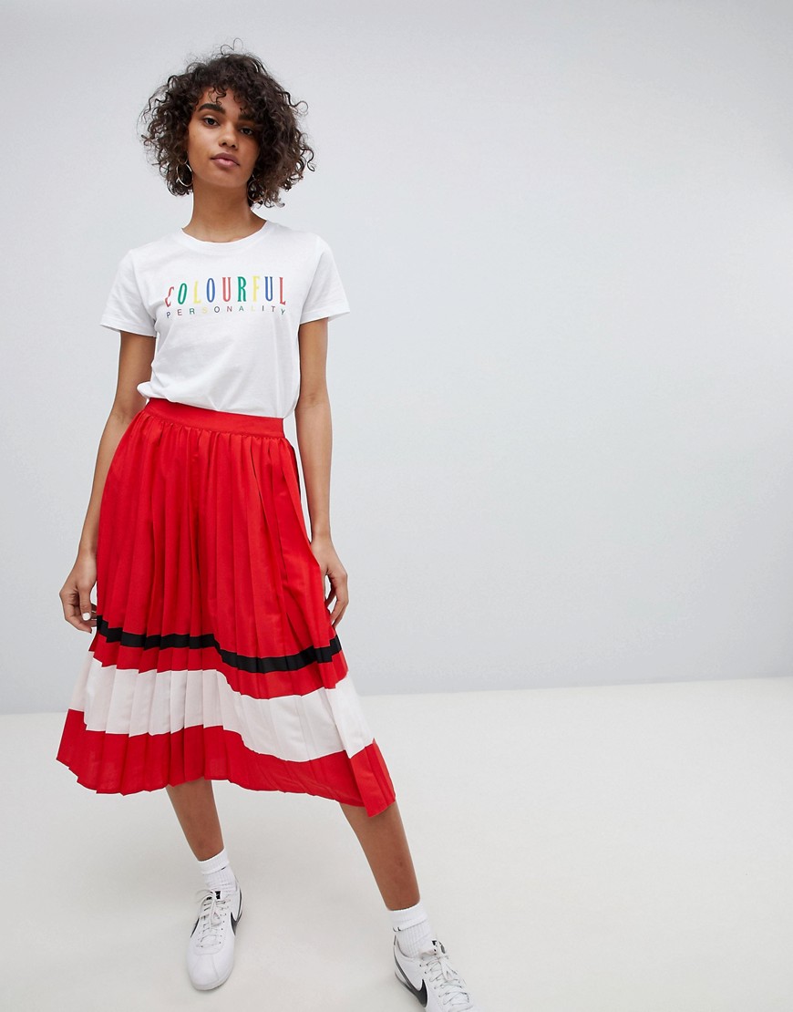Neon Rose Pleated Midi Skirt With Sports Stripe - Red
