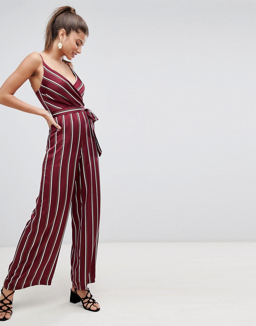 Girl In Mind wrap front striped jumpsuit - Plum
