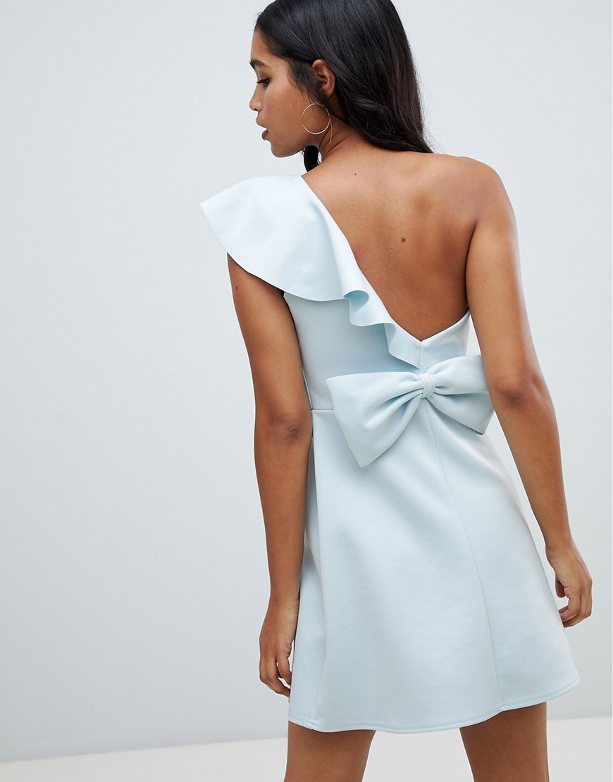 Asos Design Ruffle Shoulder Scuba Mini Dress With Bow Back - Blue