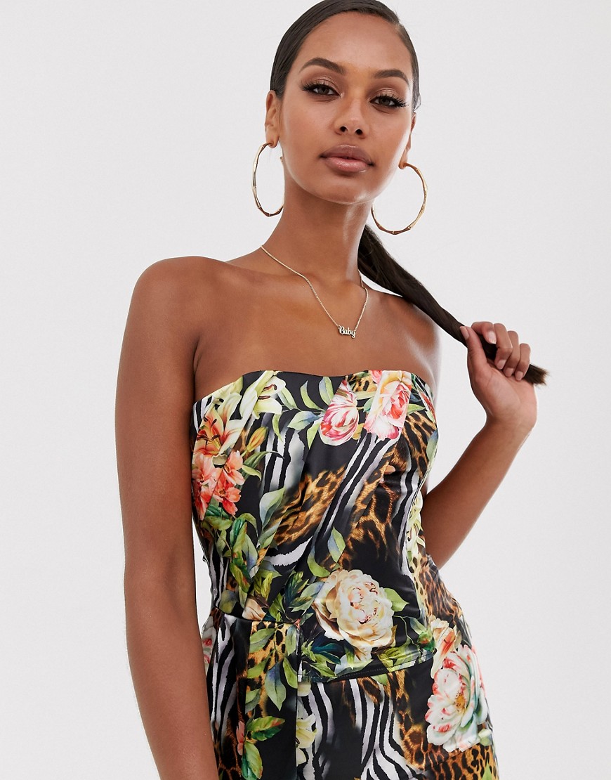John Zack bandeau crop top co ord with fill in tropical print
