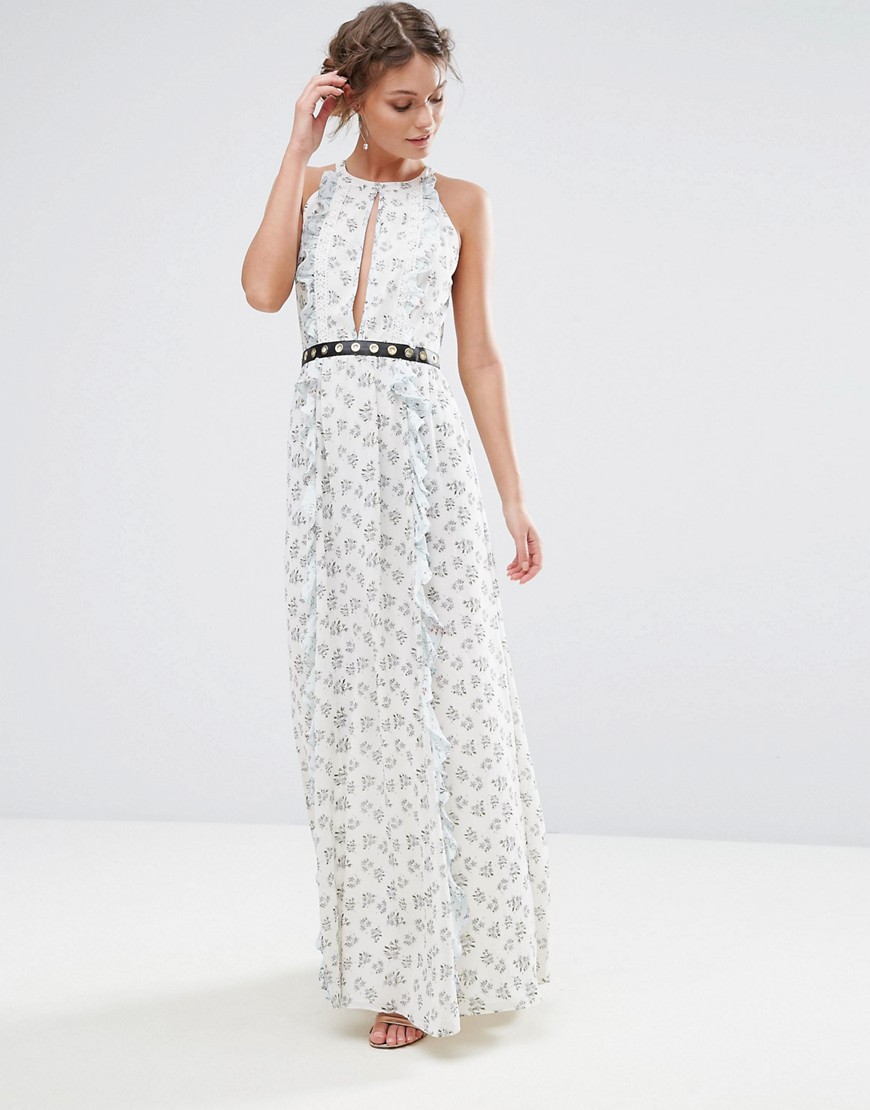 True Decadence Printed Maxi Dress With Eyelet Detail Waist - White ditsy floral