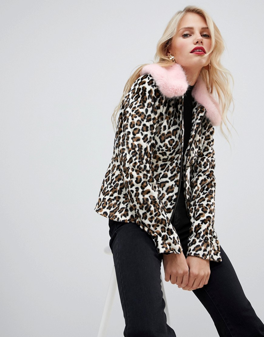Helene Berman Leopard Print Jacket with Pink Faux Fur Collar