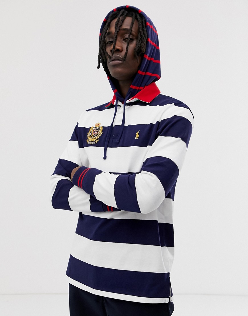 Polo Ralph Lauren stripe crest logo rugby polo in white/navy