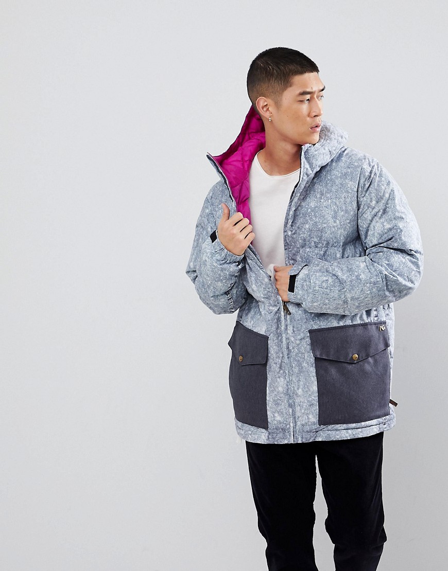 Analog Kilroy  snowboard hooded puffer jacket in blue denim print