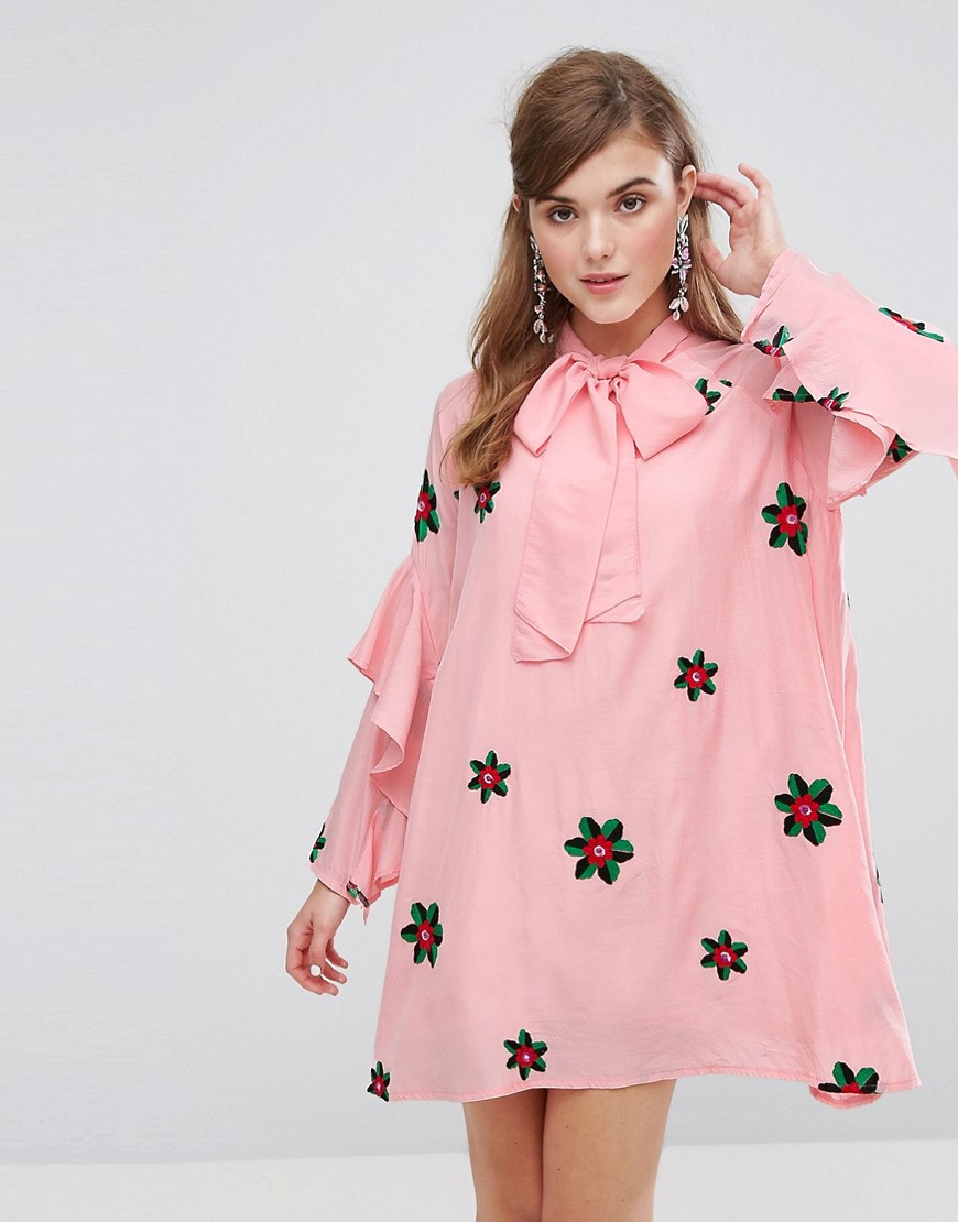 Sister Jane Smock Dress With Tie Neck & Embroidery - Pink