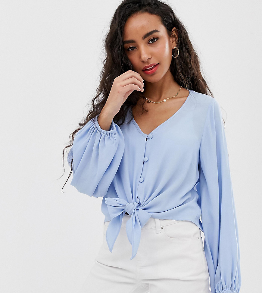 ASOS DESIGN Petite long sleeve button front top with tie detail