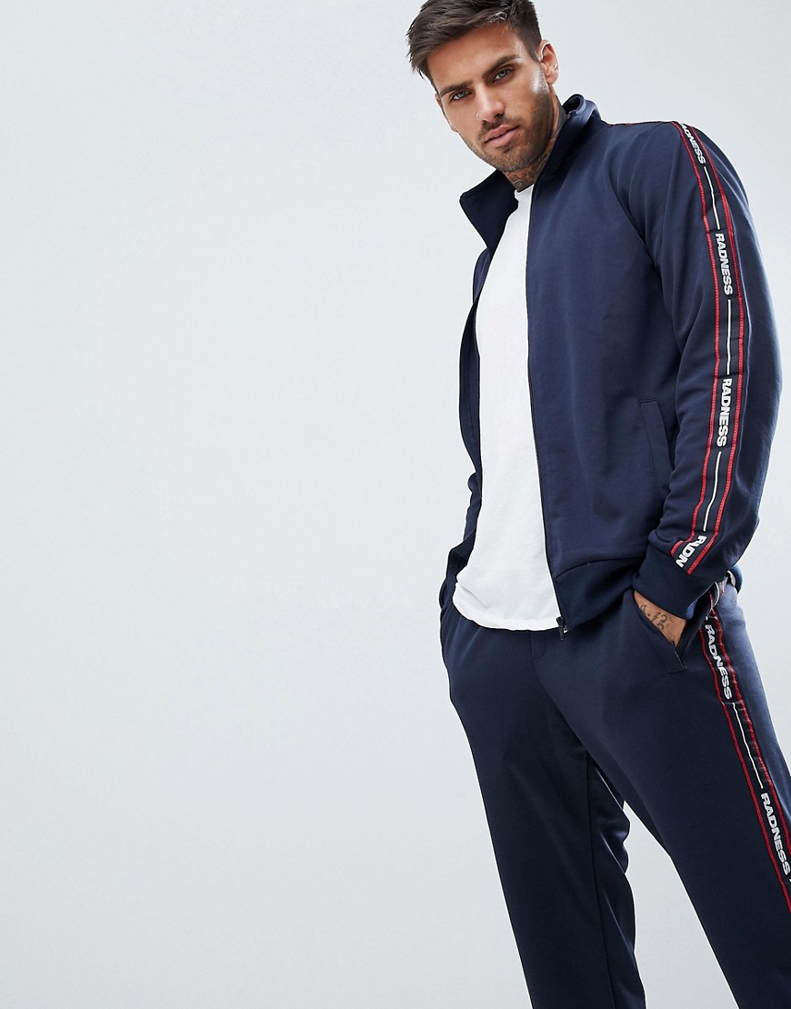 Pull&Bear tracksuit top in navy with slogan on sleeves - Navy blue