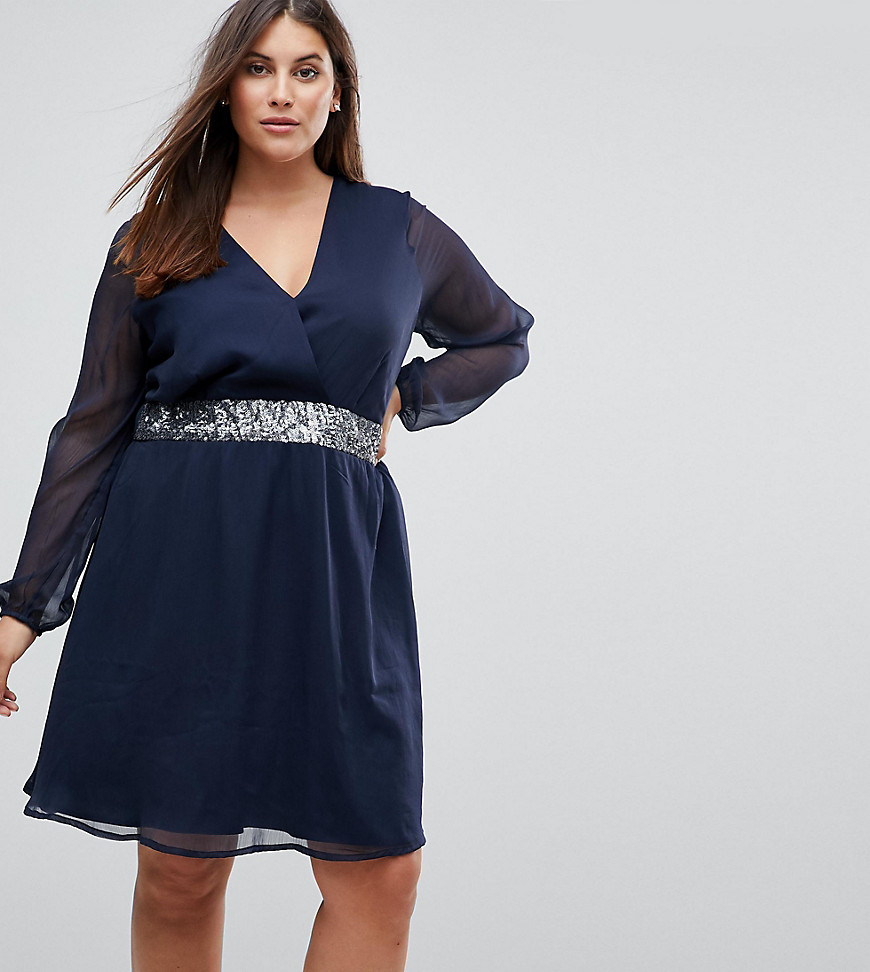 Junarose Embellished Waist Dress With Sheer Sleeve - Blue