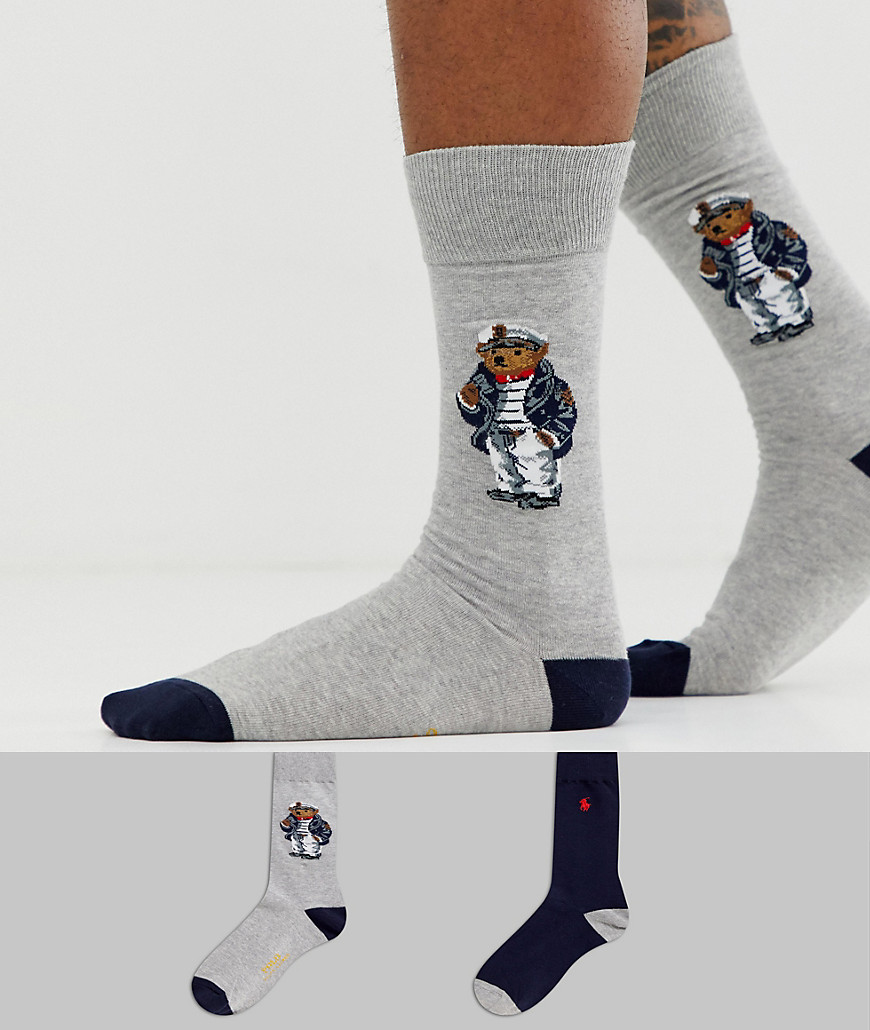 Polo Ralph Lauren 2 pack socks with bear and polo player in grey/navy