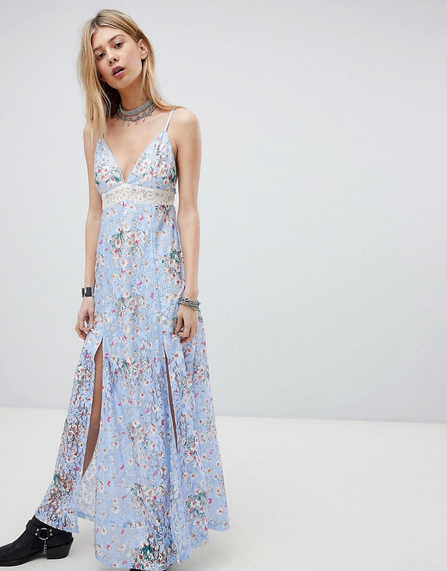 Kiss The Sky Lace Maxi Dress With Front Split And Cut Out Back