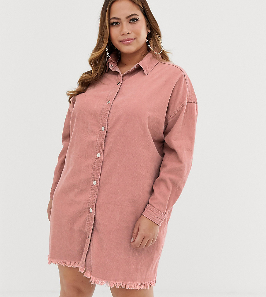 Missguided Plus cord shirt dress in pink