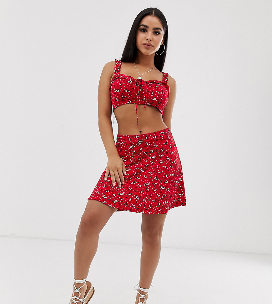 PrettyLittleThing Petite co-ord skirt in red floral print