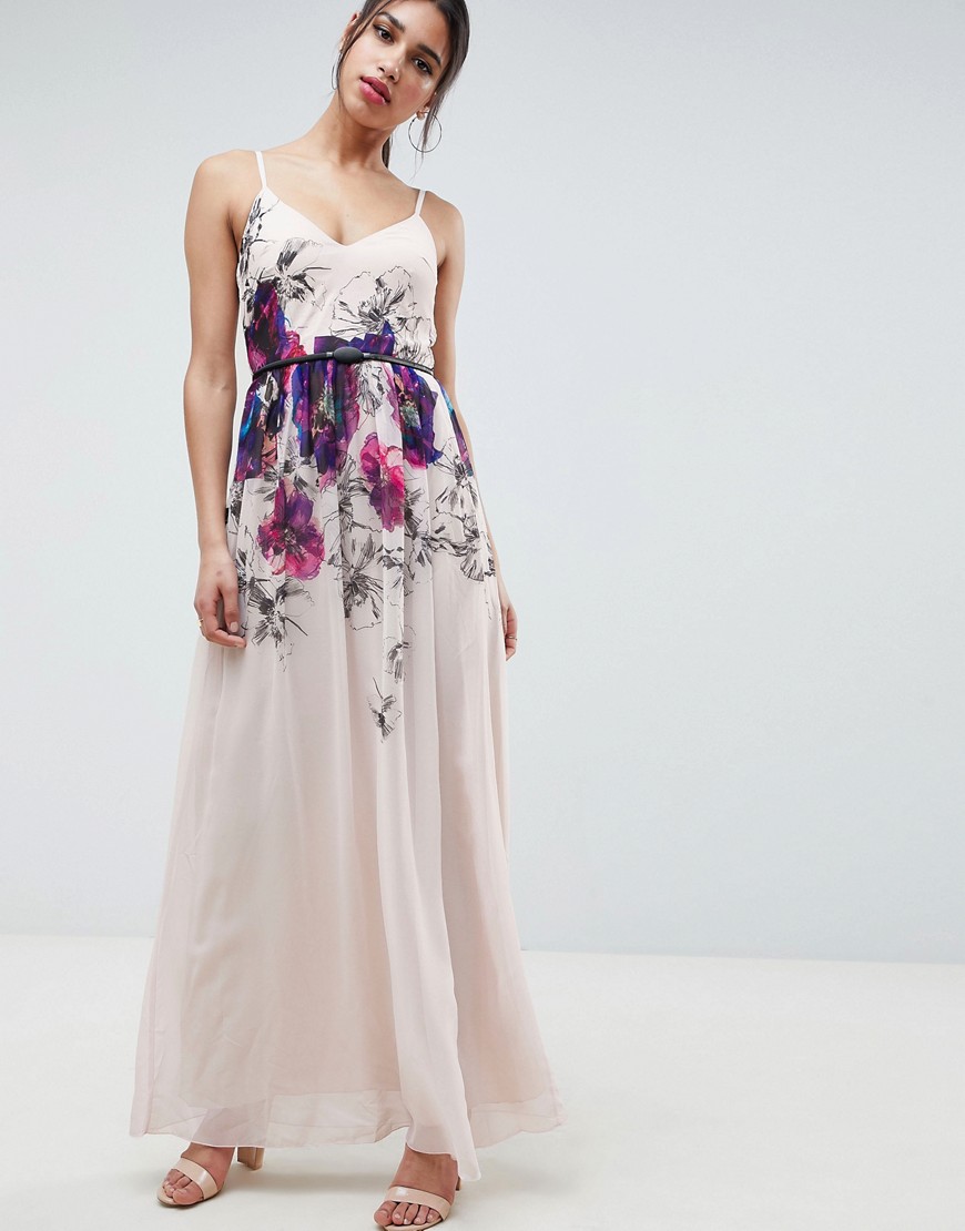 Little Mistress Cami Maxi Dress In Floral Placement Print With Belted Waist