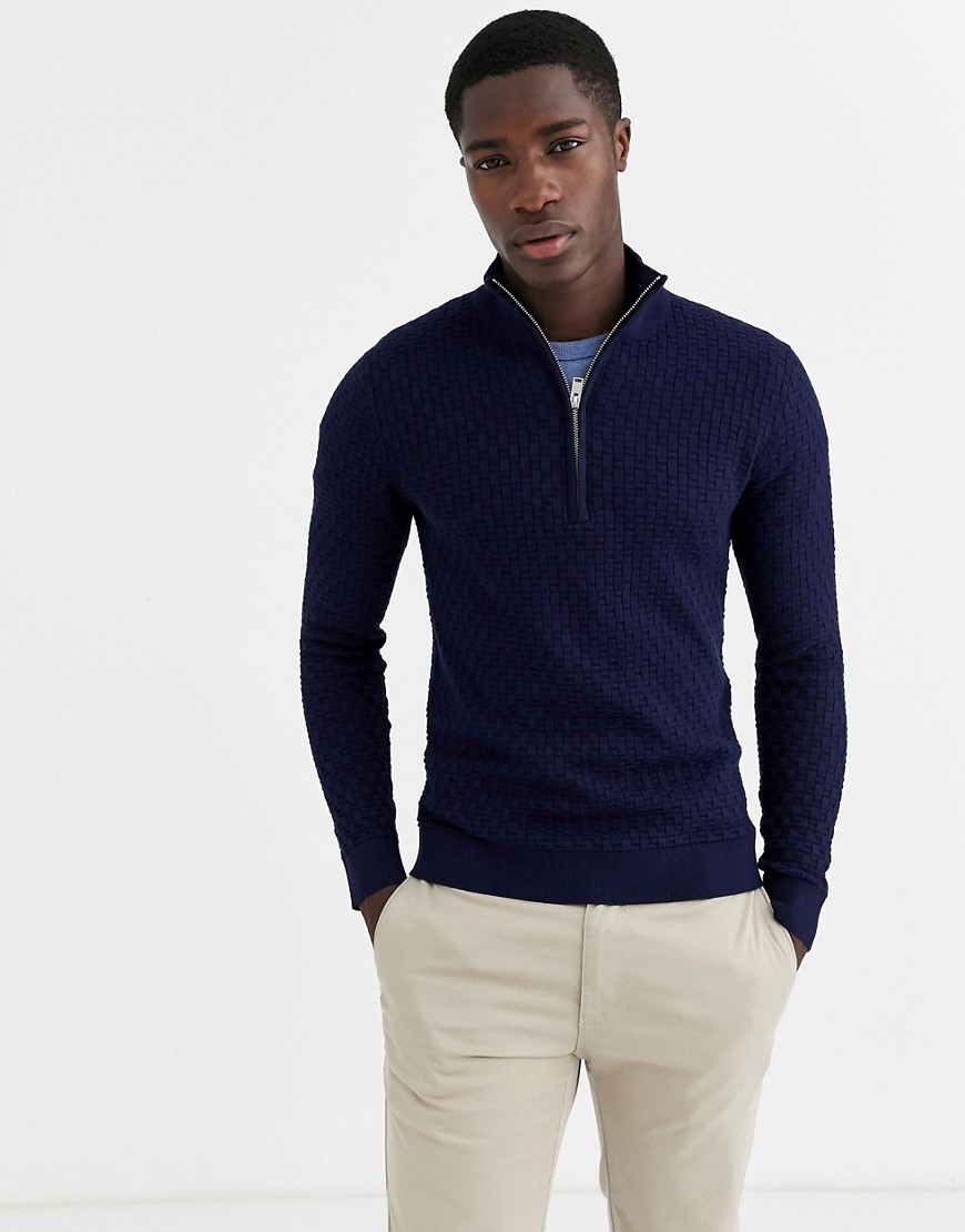 Selected Homme textured half zip knitted jumper in navy