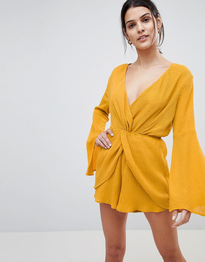 Lioness Wrap Knot Front Playsuit With Bell Sleeve Detail