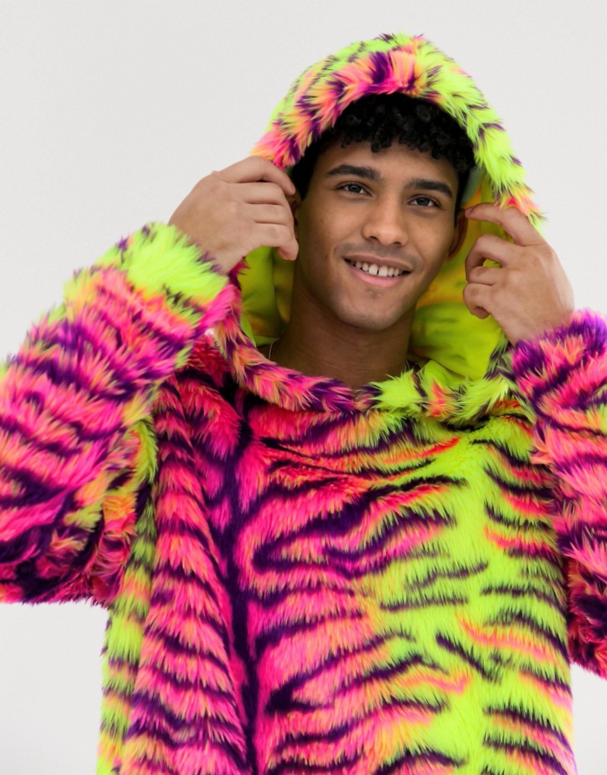 Jaded London festival hoodie in neon tiger faux fur