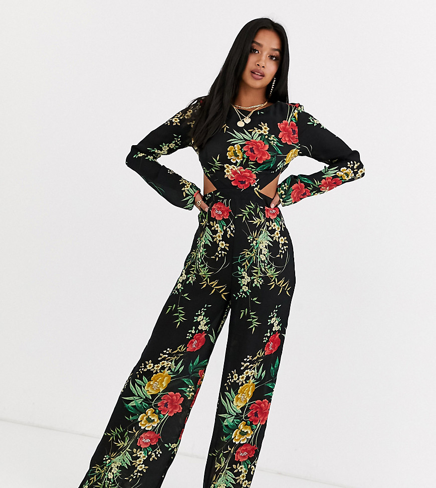 Boohoo Petite exclusive wide leg jumpsuit with cut out detail in black floral
