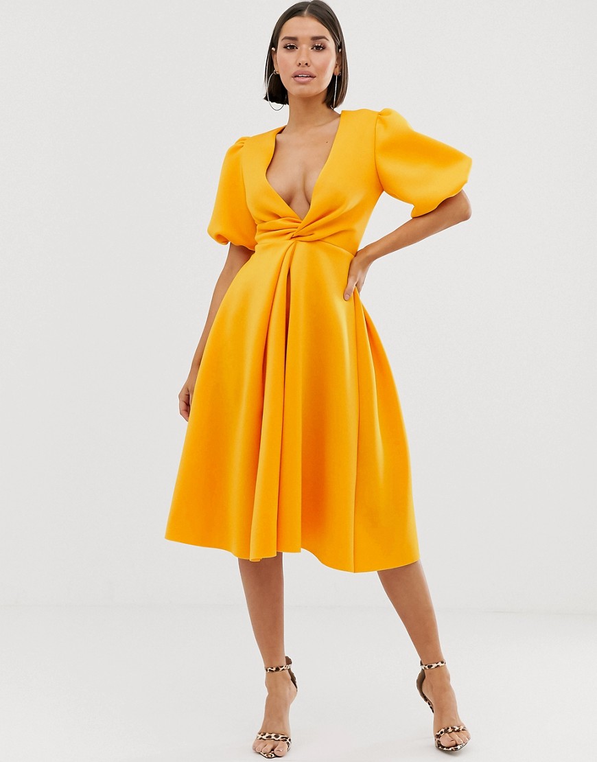 Asos Design Bubble Sleeve Twist Detail Midi Prom Dress-yellow