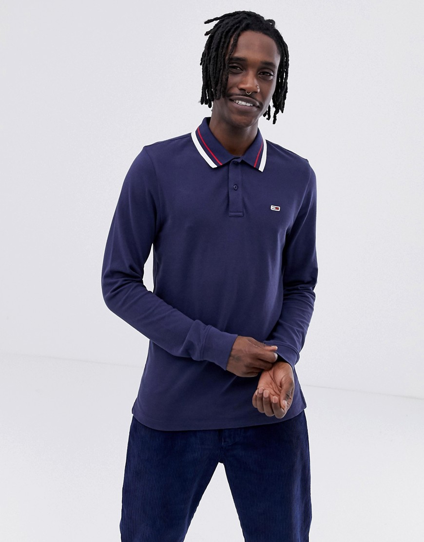 Tommy Jeans Classic flag logo long sleeve pique polo in navy