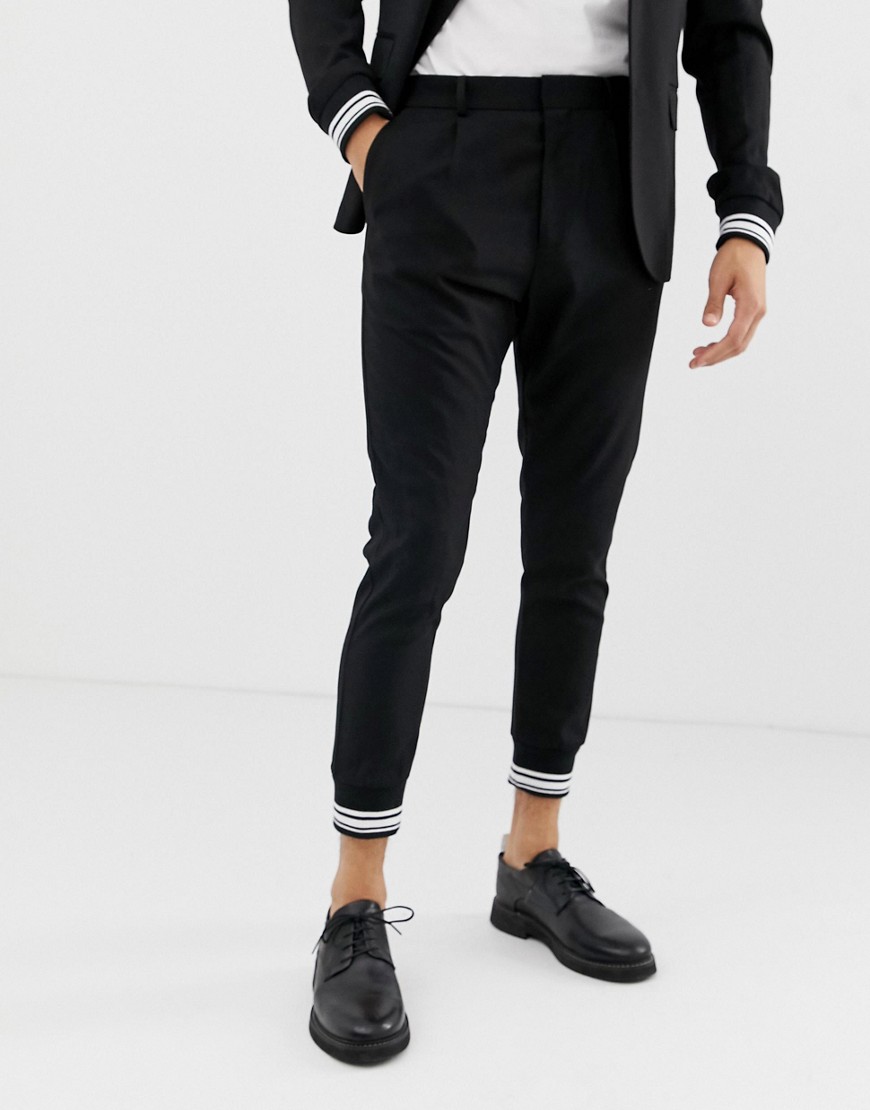 Solid smart suit trouser with stripe cuff ankle in black
