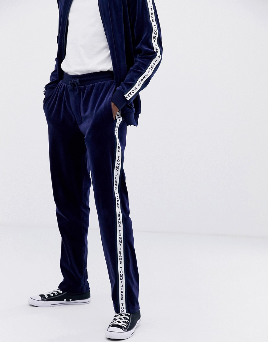 Tommy Jeans velour taped logo side track pants in navy - Black iris