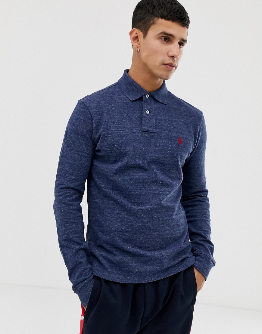 Polo Ralph Lauren slim fit long sleeve pique polo in navy marl