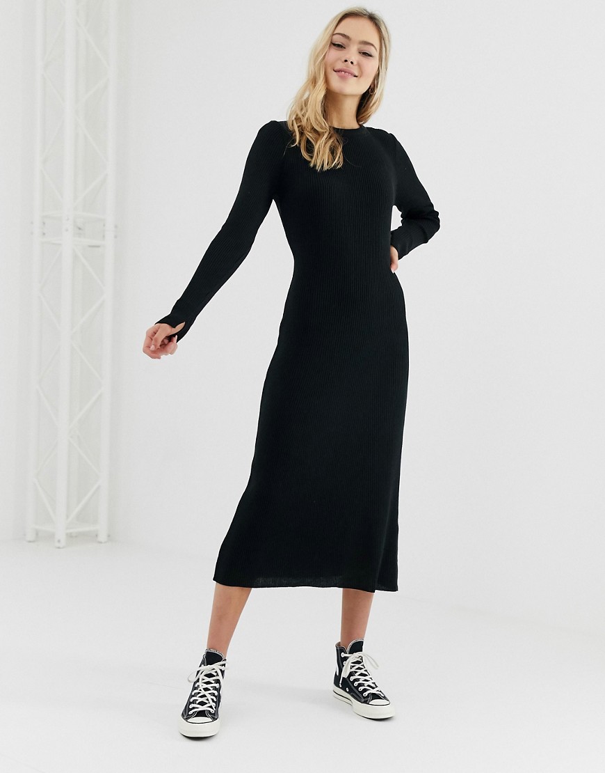 Asos Design Rib Knit A-line Midi Dress-black