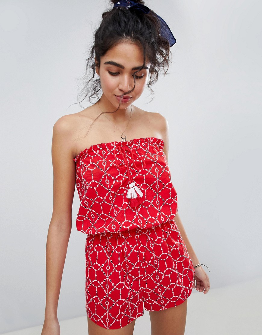 New Look Broderie Bandeau Playsuit - Red