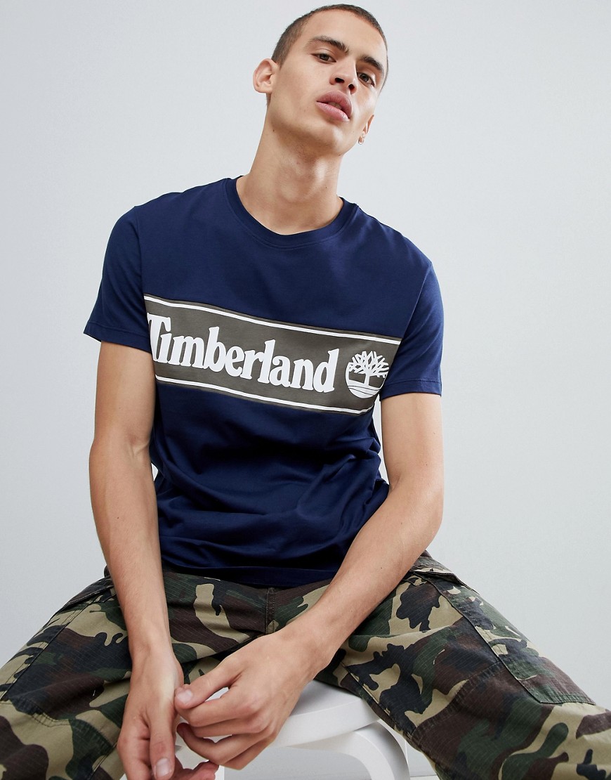 Timberland contrast chest stripe logo t-shirt in navy/green