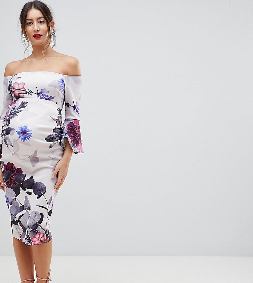 True Violet Maternity bandeau frill sleeve midi bodycon dress in floral print