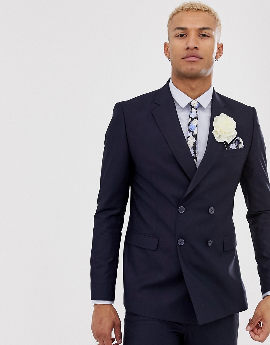 boohooMAN wedding double breasted suit jacket in navy