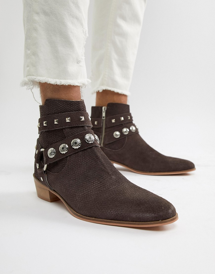 House Of Hounds Leonel studded cuban boots in brown snake print suede