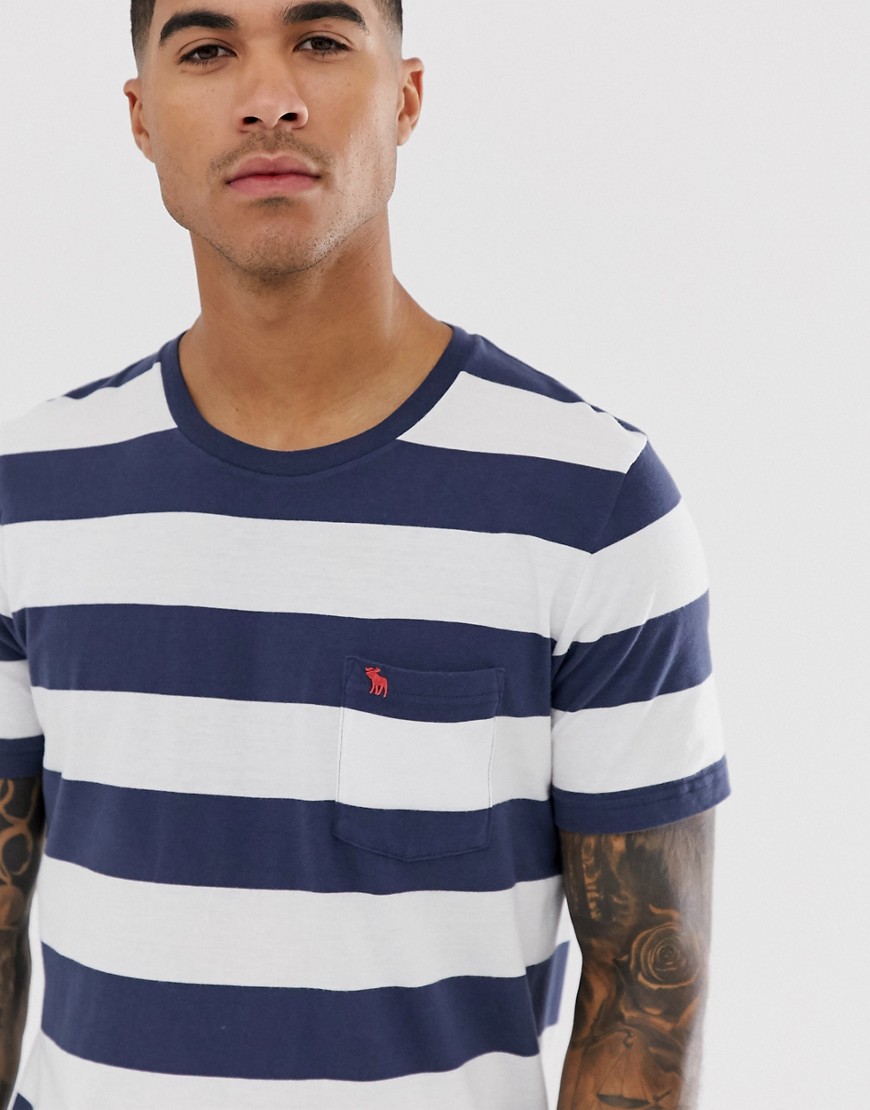 Abercrombie & Fitch icon logo pocket block stripe t-shirt in white/navy
