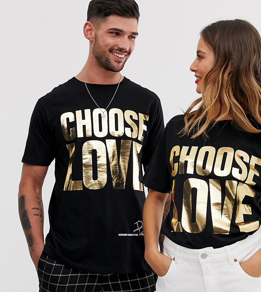 Help Refugees Choose Love gold foil t-shirt in black organic cotton