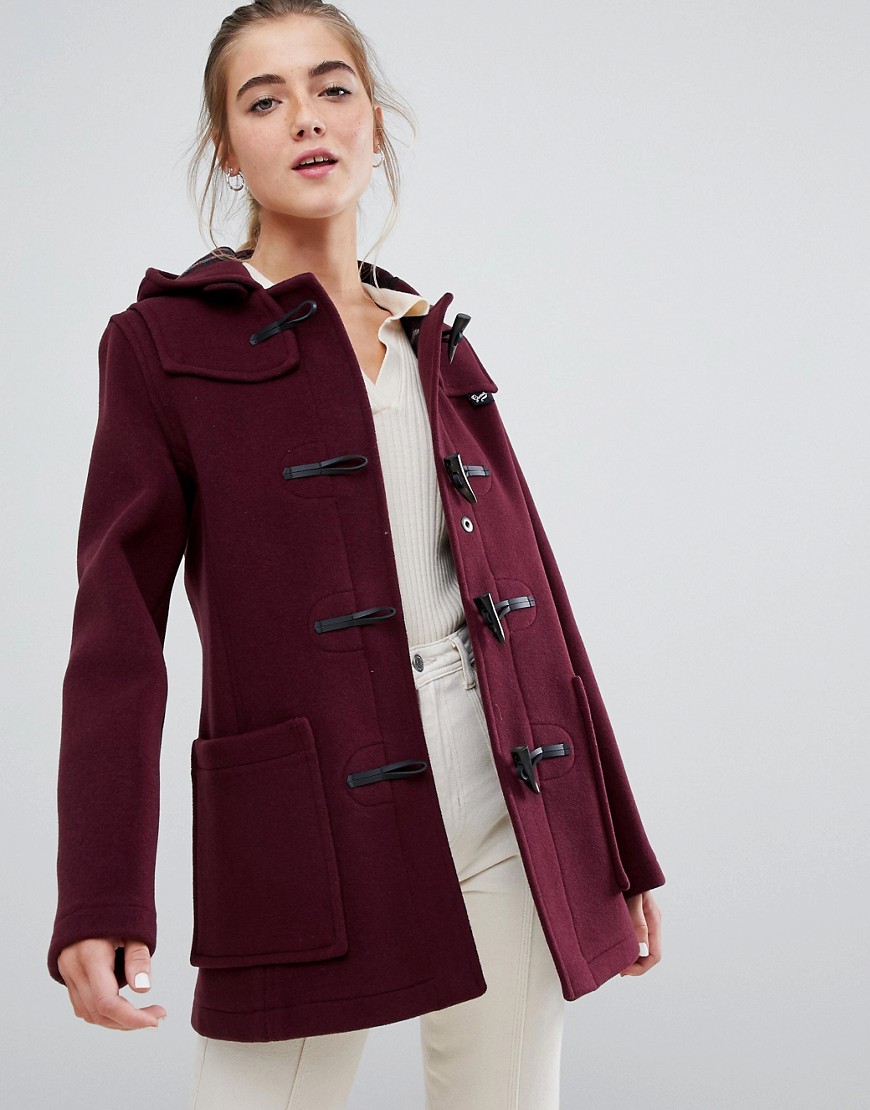 Gloverall slim mid length duffle coat in wool blend - Burgundy
