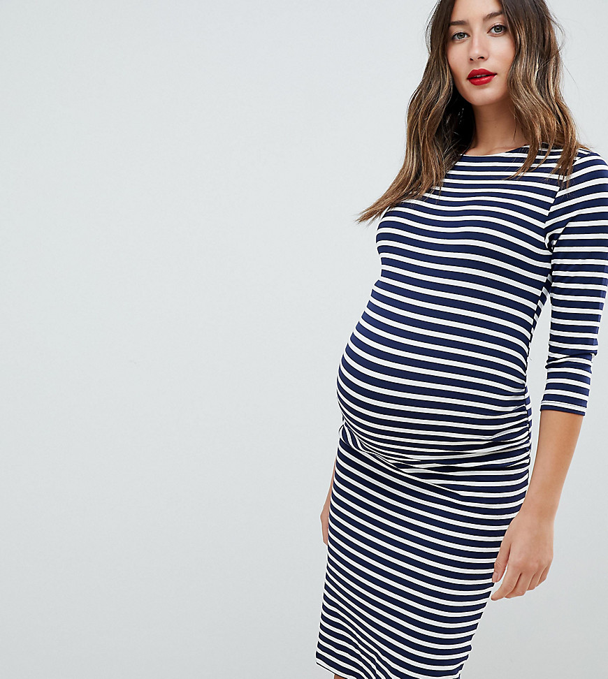 New Look Maternity stripe side detail dress in white pattern - White pattern