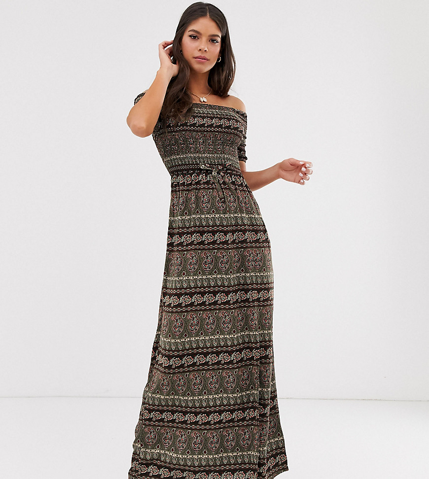 Brave Soul Tall juliet off shoulder maxi dress in paisley mix